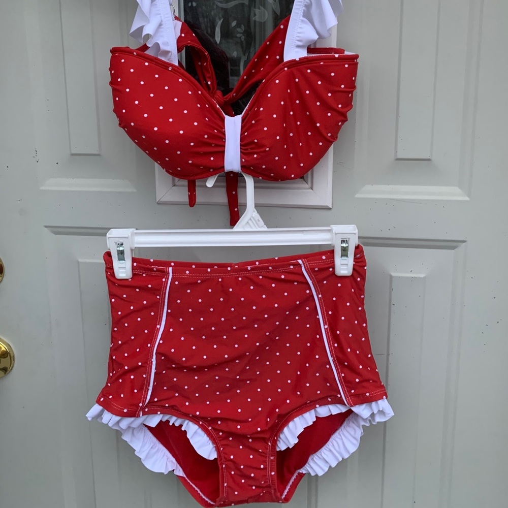 high waisted red and white polka dot bikini